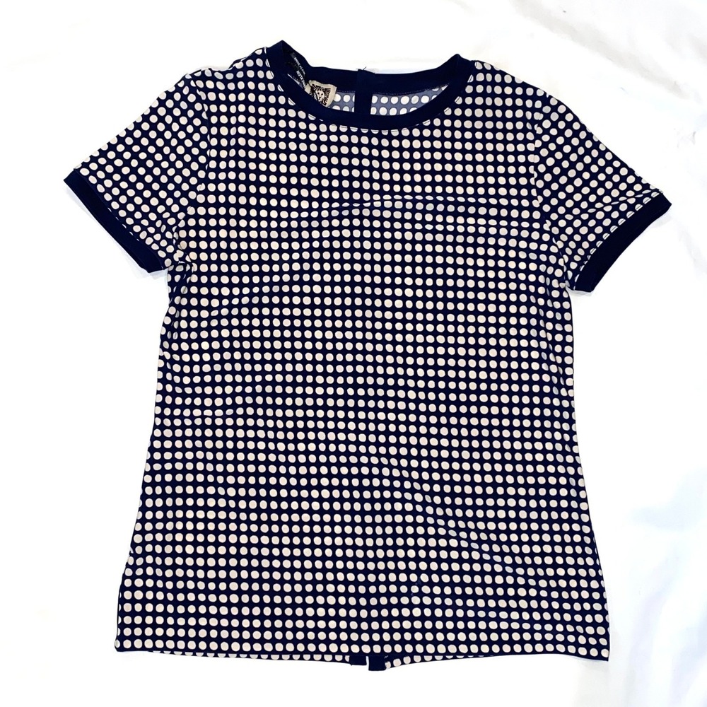 Anne Klein S Navy Blue‎ Polka Dot Back Button Smooth, Stretch Knit Top